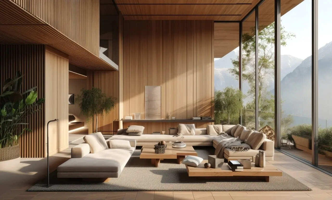 Fotorealistischer Innenraum eines Holzhauses mit hölzerner Dekoration und Einrichtung.